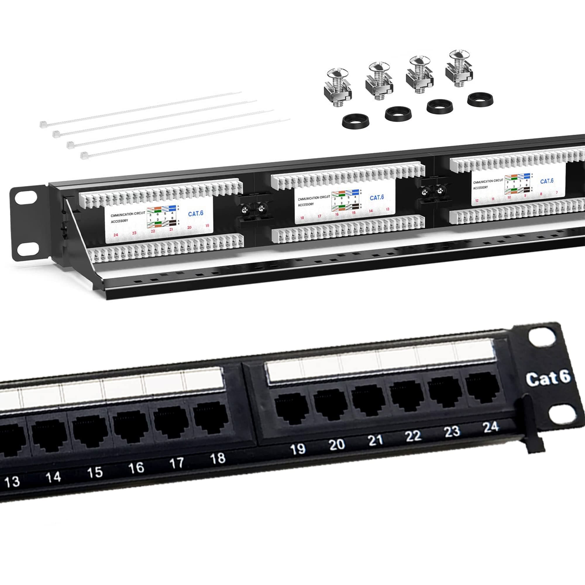 SkyQ24 Port Cat6 Patch Panel-19 inch,1U Rack Mount or Wall Mount RJ45 Ethernet 568A/B Keystone Termination.Gold Plated Contacts with Rear Cable Management Bar Suitable for Gigabit Applications