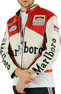 Men's Classic Cafe Racer Real Leather Red And White Racing Bomber Motorcycle Biker Jacket