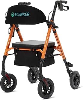 ELENKER All-Terrain Rollator Walker with 8” Non-Pneumatic Wheels, Sponge Padded Seat and Backrest, Fully Adjustment Frame for Seniors, Orange