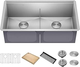 KWU112-33 Kore Workstation 33-inch Undermount 16 Gauge Double Bowl Stainless Steel Kitchen Sink with Integrated Ledge and Accessories (Pack of 8)