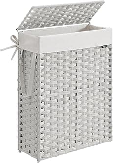 SONGMICS Slim Laundry Basket, 55L Synthetic Rattan Storage Basket with Lid and Handles, Wicker, Foldable, Removable Liners, for Blankets, Clothes, Laundry Room, Cloud White LCB164W01