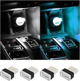 4 PCS USB LED Car Interior Atmosphere Lamp, Plug-in USB Decor Night Light, Portable Auto Ambient Lighting Kit, Universal Vehicle Interior Accessories for Most Cars (White & Ice Blue)
