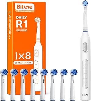 Bitvae R1 Rotating Electric Toothbrush for Adults and Kids with 60-Day Battery Life, 8 Brush Heads Rechargeable Power Toothbrush, 5 Modes, Brushing Timer, White