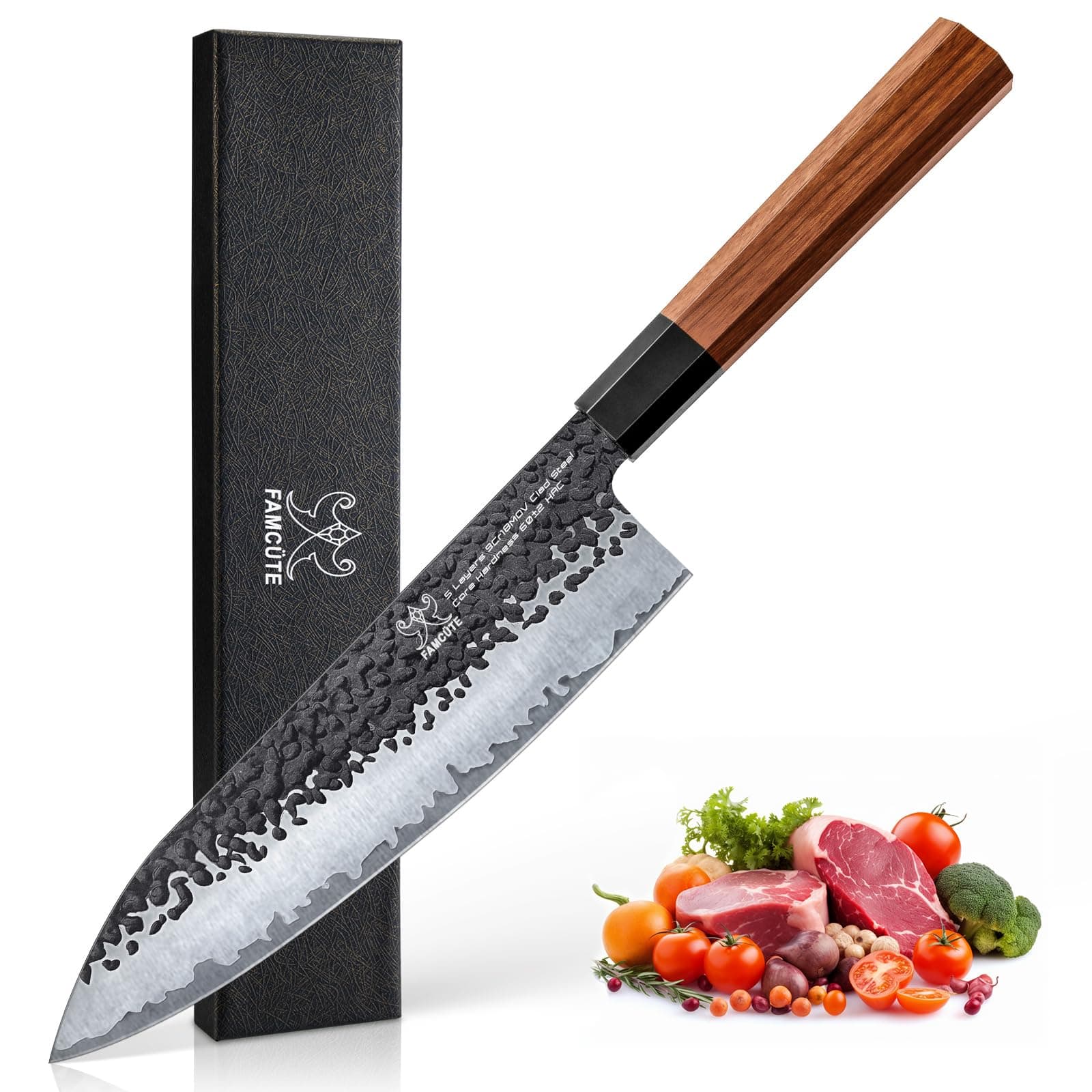 - 8 Inch Japanese Knife, Hand Forged 5 Layers High Carbon 9CR18MOV Steel Rosewood Handle Chef Knife, Ultra Sharp Durable Professional Kitchen Knife, A Thoughtful Mothers Day Gifts for Mom