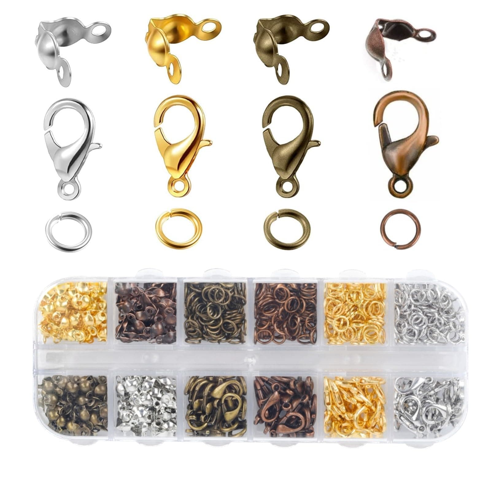 Olylkx 720pcs Lobster Claw Clasps, Bead Tips Knot Covers, Open Jump Ring Connectors, Jewelry Making Accessories Set (12 Styles)