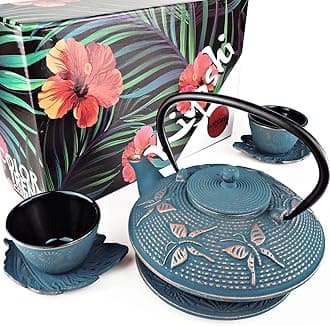 7PC Japanese Tea Set. "Blue Butterfly" Cast Iron Tea Pot with 2 Tea Cups, 2 Saucers, Tea Infuser and Teapot Trivet. Ceremonial Matcha Accessories