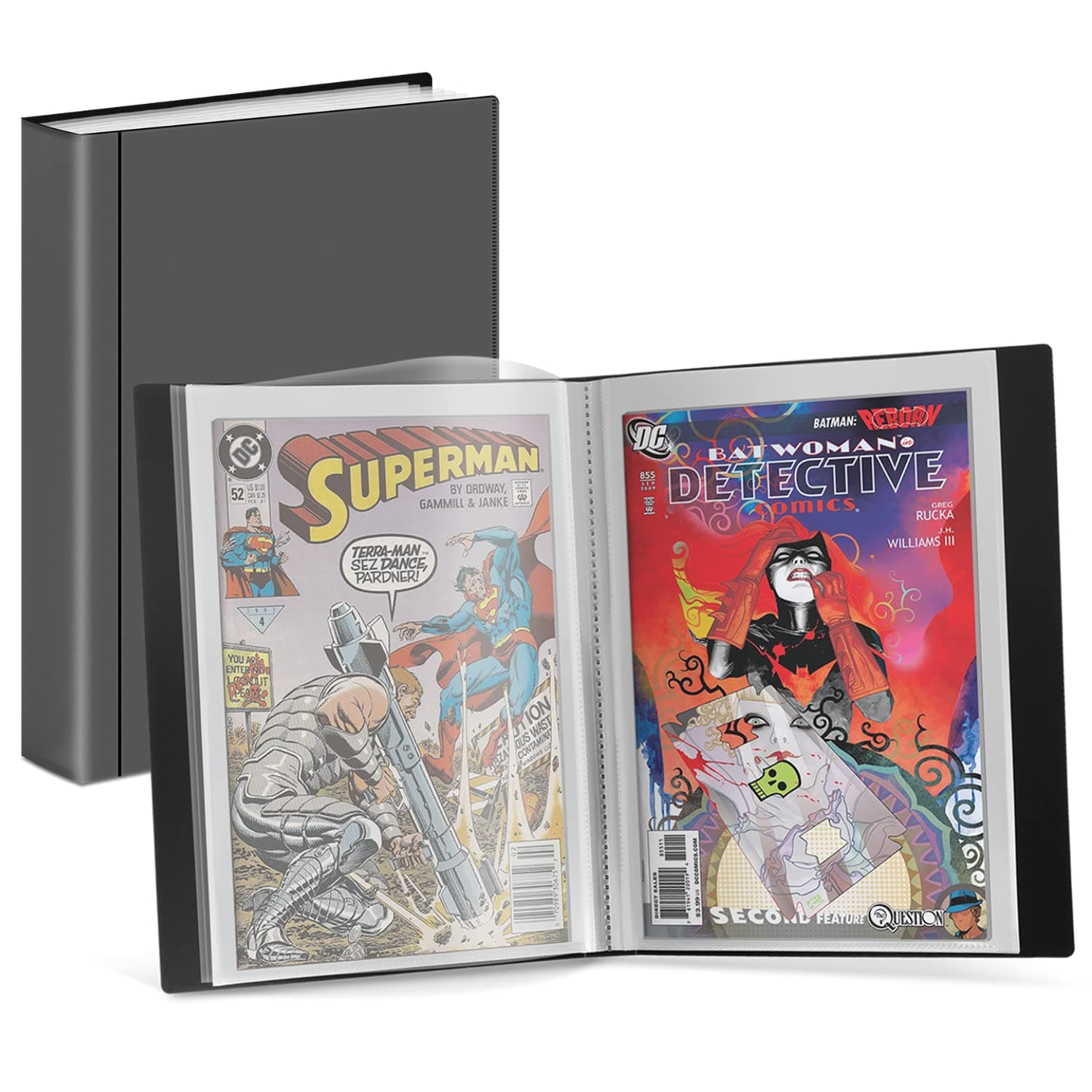 Dunwell Comic Book Storage Album - For Current, Silver Age, Regular Bagged and Boarded, Binder with 6 Super Heavyweight Sleeves, Clear View Cover and Spine, Acid-Free, Gift for Comic Collectors