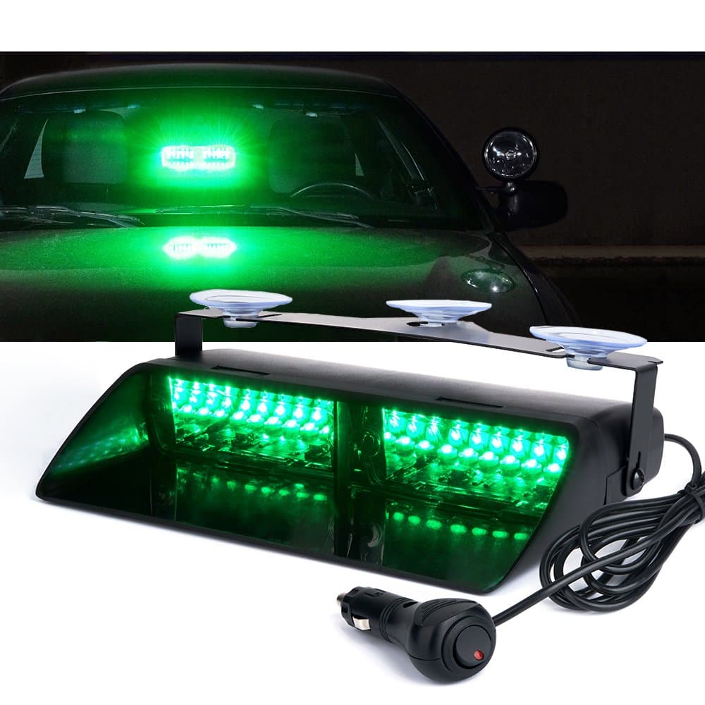 Green LED Emergency Dash Strobe Light, Interior Windshield Safety Warning Traffic Lights w/Suction Cups, 12V Windshield Visor Light Bar for Postal Law Enforcement Volunteer POV Vehicles Trucks