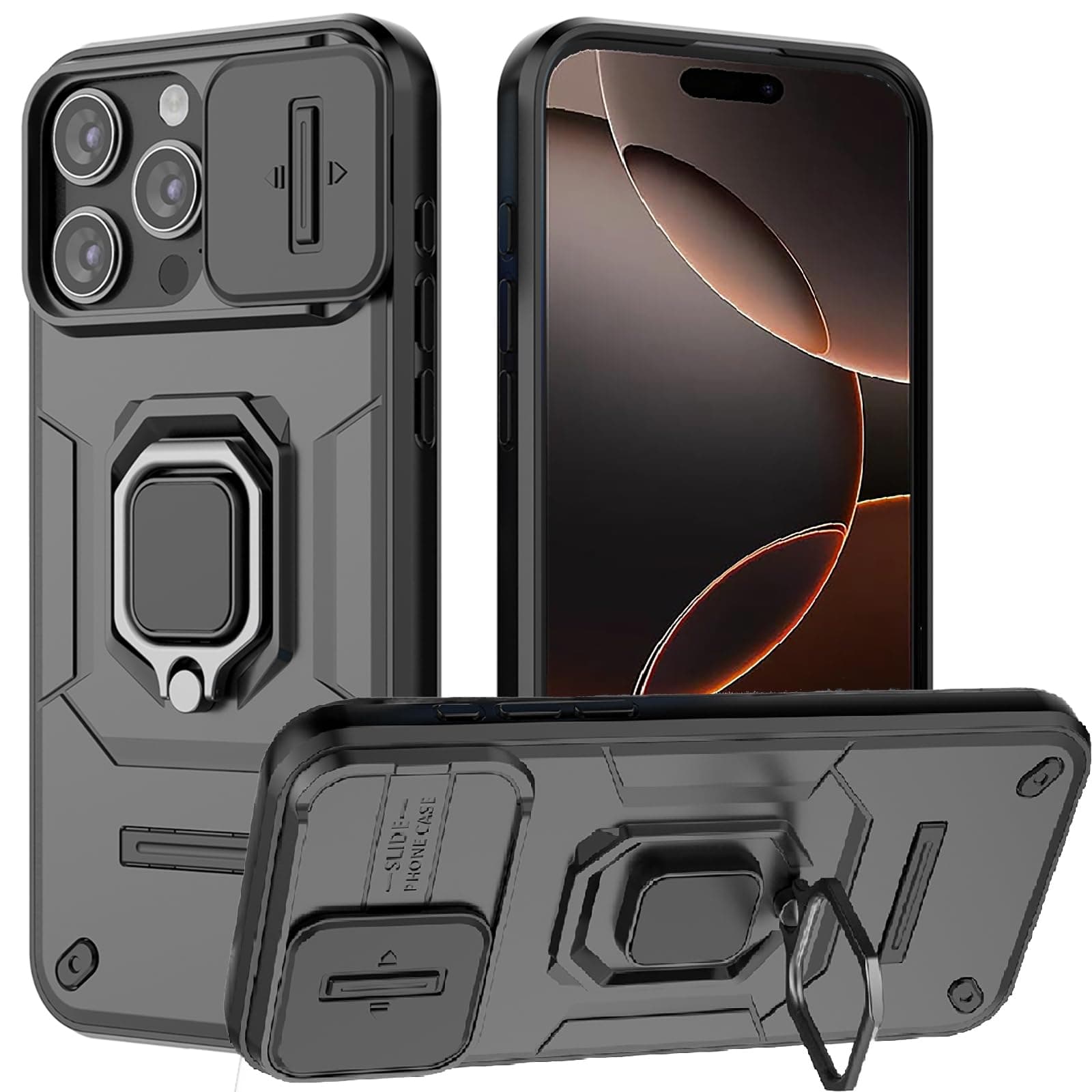 for iPhone 16 Pro Case with Sliding Camera Cover and 360° Rotate Ring Kickstand Heavy Duty Protective Shockproof Protective Phone Case for iPhone 16 Pro Cover,Black