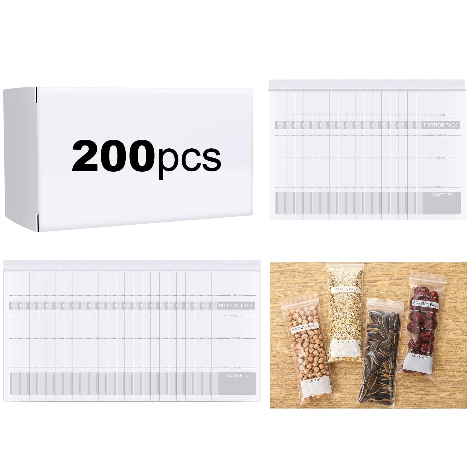 200 Count 2.4 x 5.9 Inch Portion Control Storage Bags Plastic Clear Reclosable Zip Poly Bags with Lock Seal Zipper 1 Full Cup Measurement Lines Easy Macros for Nuts Sweets Supplements