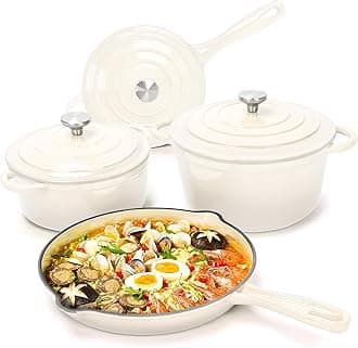 Hisencn Enameled Cast Iron Cookware Set - 7-Piece Ceramic Coated Cast Iron Cookware Set, Dutch Ovens, Sauce Pan, Skillet, 3 Lids, Heavy Duty Cookware, Gas/Induction Compatible, PFA Free, Cream White