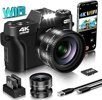 Digital Camera for Photography VJIANGER 4K 48MP Vlogging Camera for YouTube with WiFi, 180 Degree Flip Screen, 16X Digital Zoom, 52mm Wide Angle & Macro Lens, 2 Batteries, 32GB TF Card(W02 Black6)