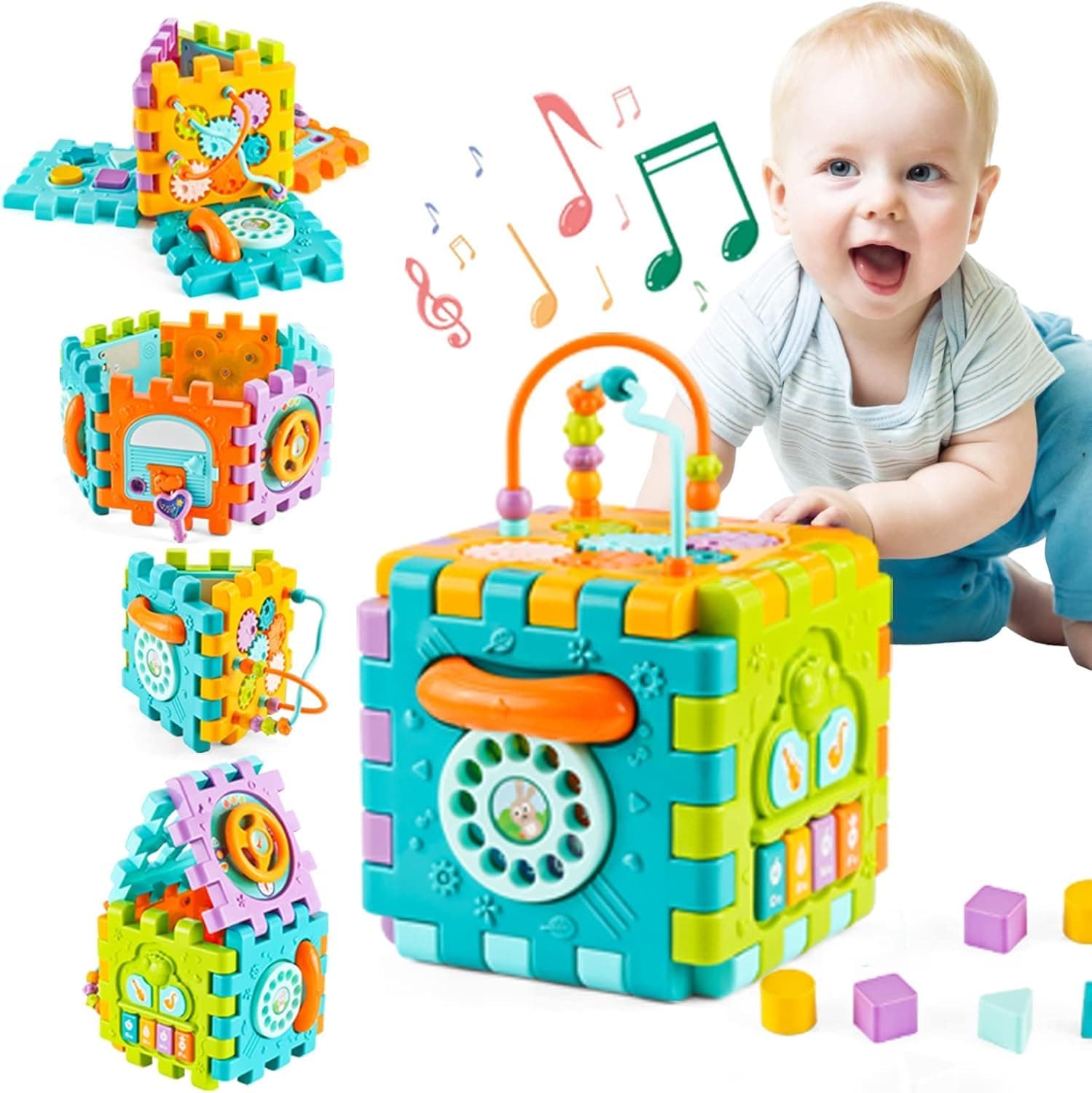 Storio 6 in 1 Learning Activity Cube Educational & Learning Activity Toy Including Blocks, Clock, Alphabets-Tree,Transportation Vehicles,Music Keyboard & Mirror for Kids, Multicolor - Activity Cube