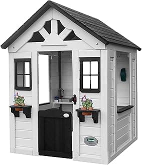 Sweetwater White Cedar Wooden Kids Playhouse Cottage with Play Kitchen, Snack Bar, Half Door, Toy Phone, Windows, Flowerpot Holders, Working Doorbell for Outdoor Imaginative Play