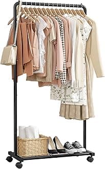Clothes Rack with Wheel & Storage Mesh Shelf, Garment Rack for Hanging Clothes, Coats, Dresses & Shoes, Easy Assembly, Black, 148 × 72 × 37 cm