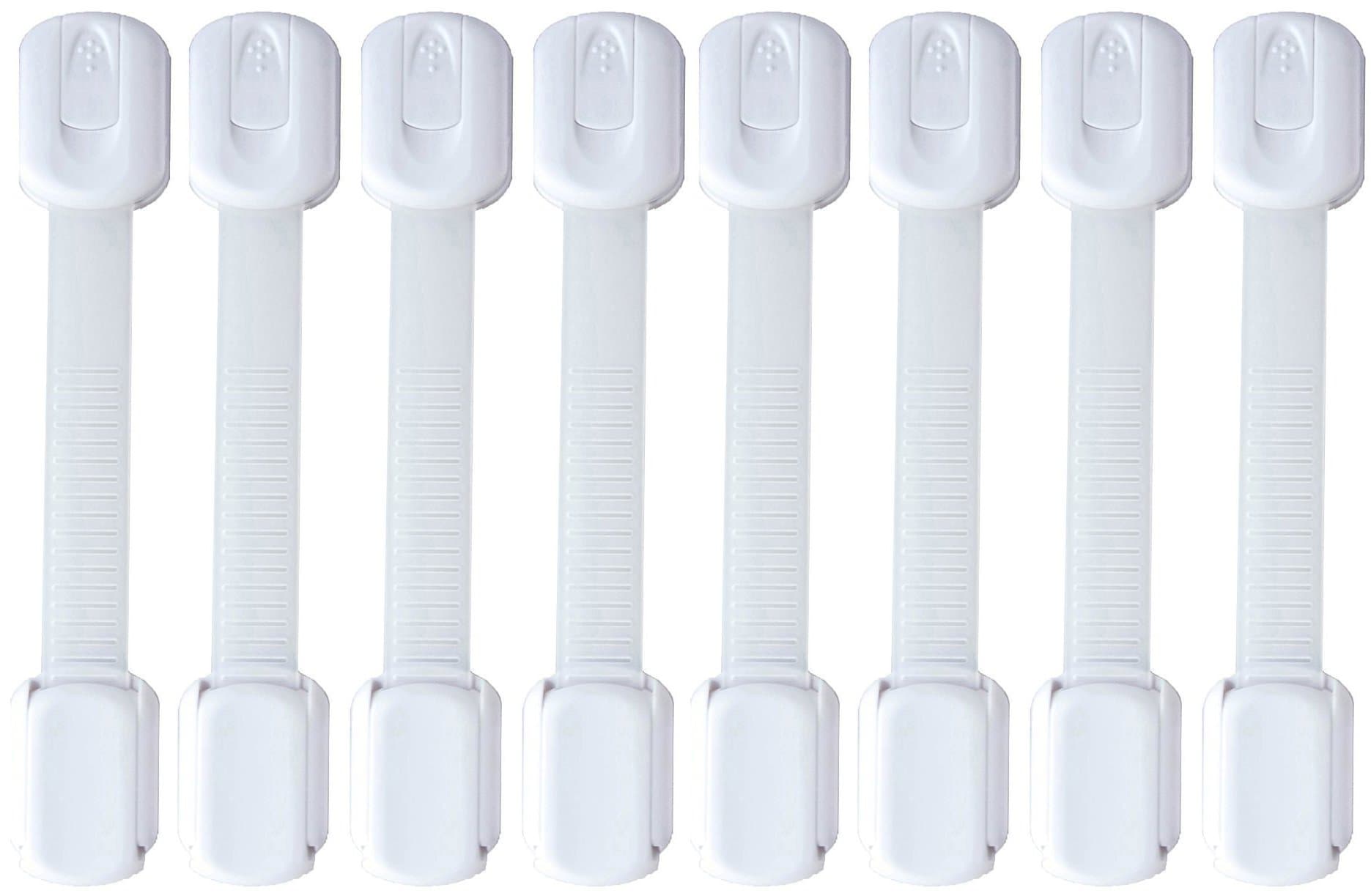 8 Adjustable Child Safety Locks (White) - Uses 3M Adhesive with Adjustable Strap and Latch System for Cabinets & Drawers - For Baby Proofing Cabinets, Drawers, Easy Installation, Ideal for Home Safety