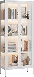 Display Cabinet with Glass Doors, Glass Display Cabinet with 3 Color LED Lights, Curio Display Cabinet with 3 Shelves for Living Room & Plant, Display Shelf, Assembly Required, White