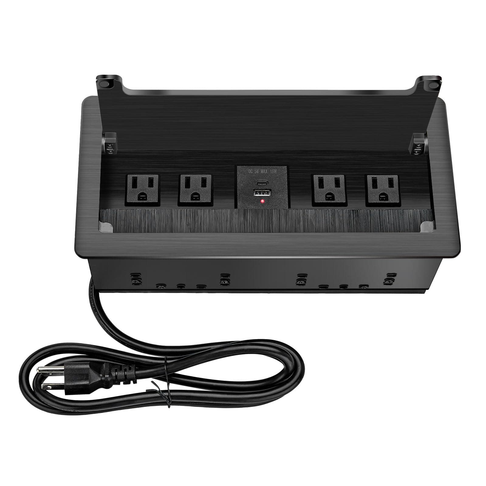 Embedded mesa Power Outlet Box, Table Power Multimedia Connectivity Box for Conference Study Room Home with 4 AC Outlet,USB-C Port Fast Charge 18W Length 4.9FT Power Cable (Brushed Black)