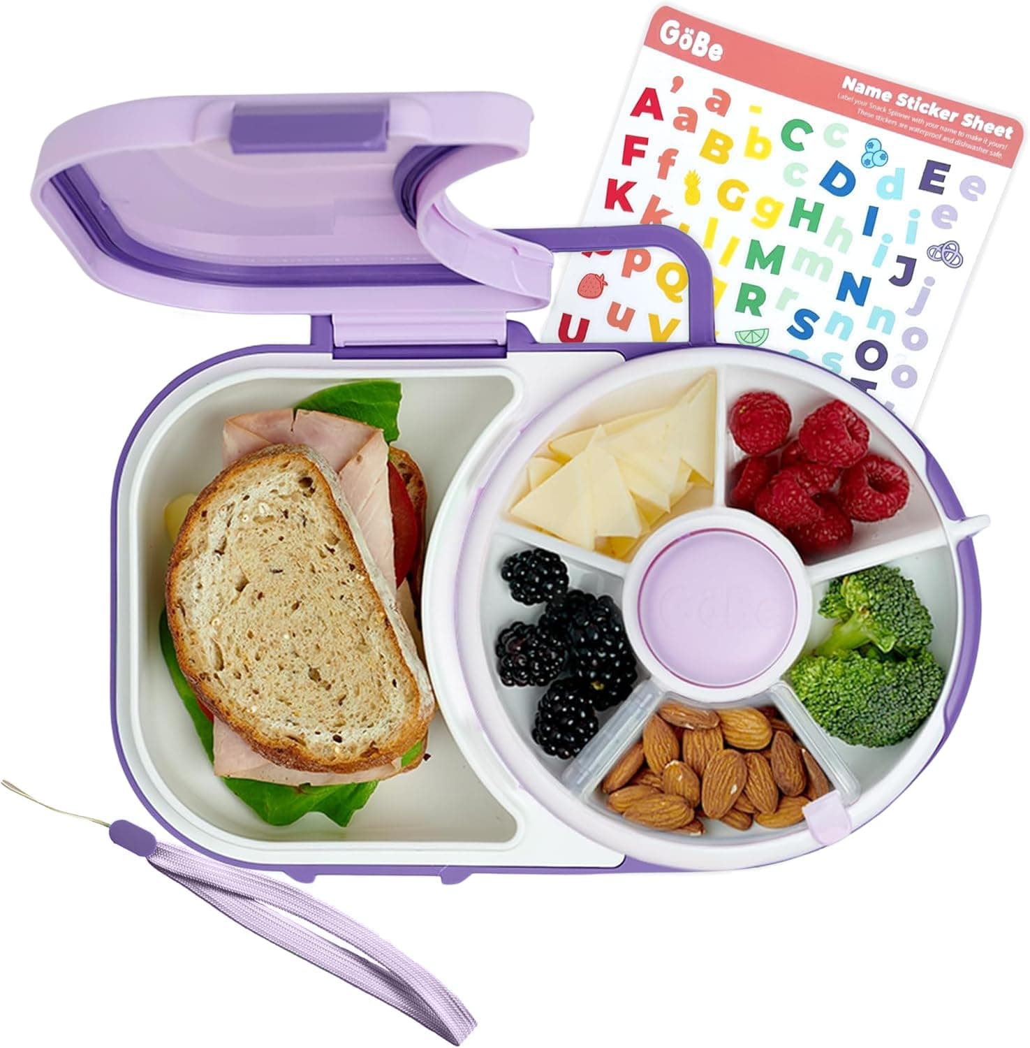 - Kids Lunchbox with Small Snack Spinner Flip - Bundle with Hand Strap & Sticker Sheet, 2-in-1 Bento Style Lunch Container, 5 Small +1 Large Sandwich Compartment, BPA & PVC Free - Taro Purple