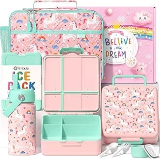 Fimibuke Kids Bento Lunch Box with 4 Compartments, Insulated lunch Bag, Stainless Steel Insulated Water Bottle, Ice Pack & Utensils Set, Birthday Gifts for Ages 3-12 Back to School Toddler Girls Boys