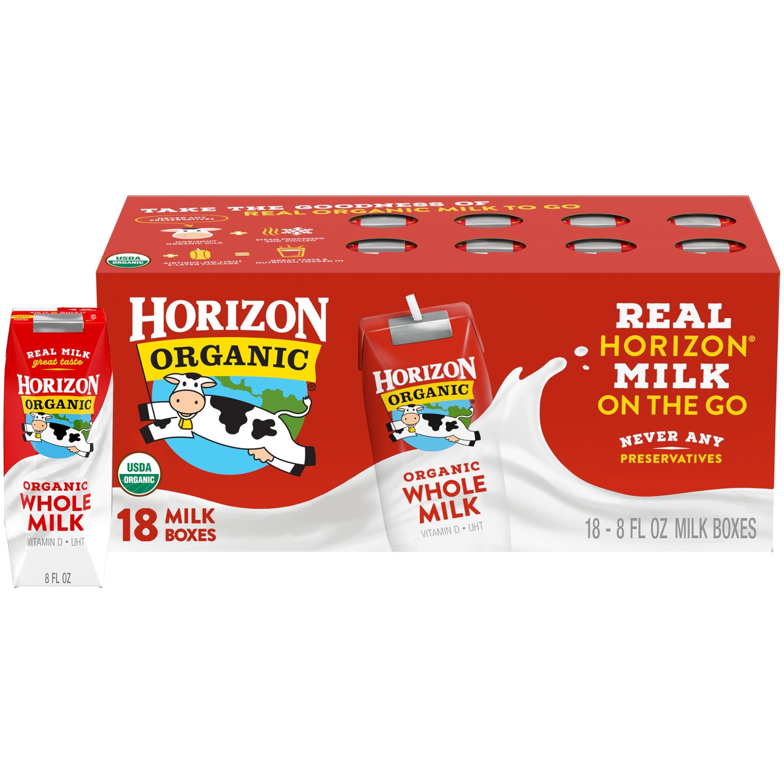 Shelf Stable Whole Milk Boxes, 8 fl oz, 18 Count - 8g Protein per Serving, USDA Organic UHT from Pasture-Raised Cows, Ready to Drink for Lunchbox, Travel, or On-the-Go, No Refrigeration Needed