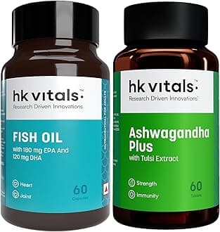 hk vitals Fish Oil Capsules For Men And Women (1000mg Omega 3 with 180 mg EPA & 120 mg DHA) & Ashwagandha Plus with Tulsi Extract 500mg (60 Tablets Each), Combo Pack