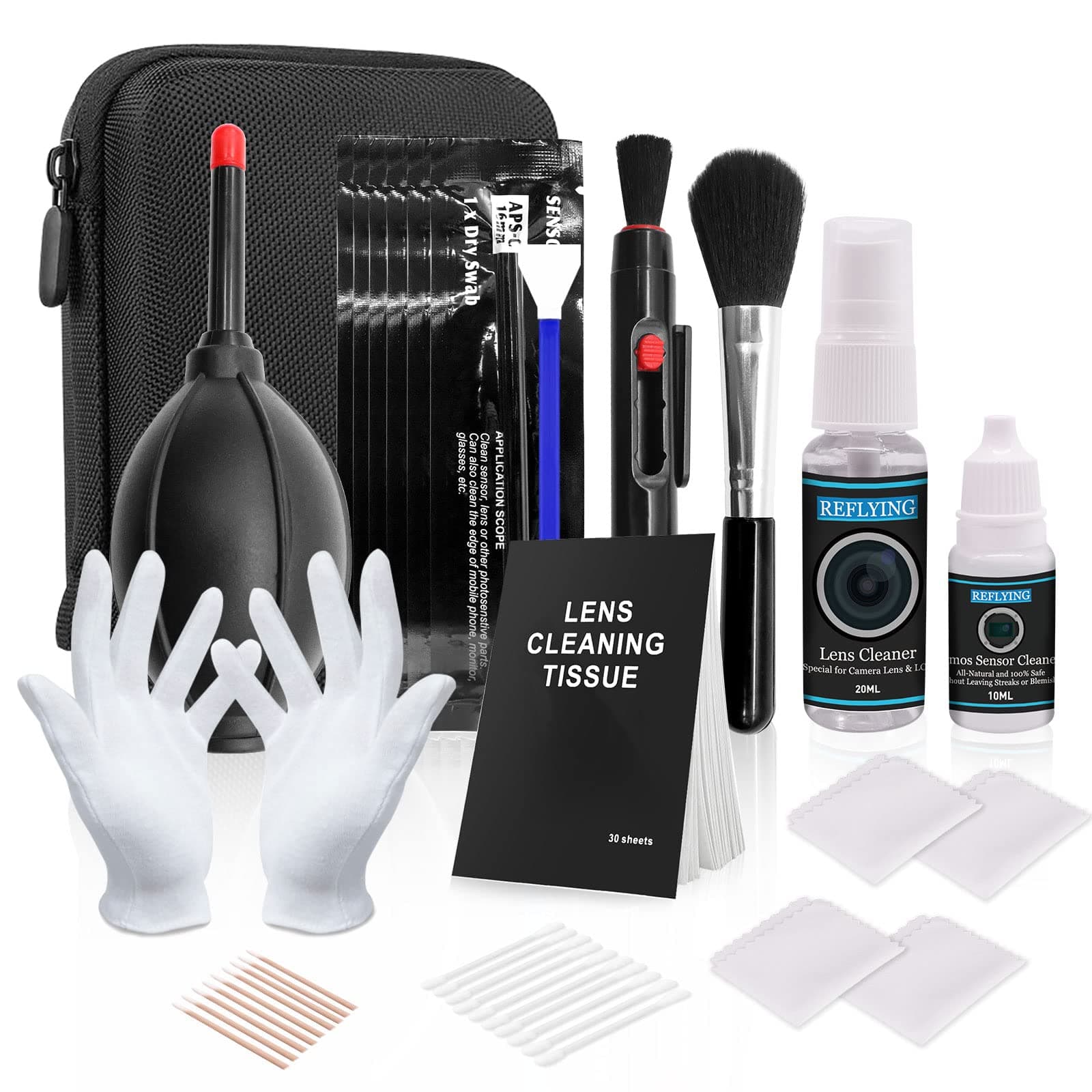 REFLYING Camera Cleaning Kit, Lens Cleaning Kit with Camera Lens Cleaner 20ml,Sensor Cleaner 10ml,Lens Cleaning Pen,16mm Sensor Cleaning Swabs for APS-C DSLR,Cleaning Cloth