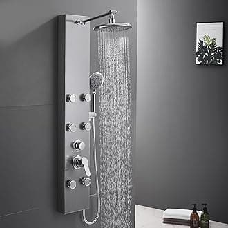 Shower Panel Tower System 304 Stainless Steel, Shower Panel System with Adjustable Rainfall Shower Head, 6 Body Massage Jets and 5 Functions Handheld, Brushed Surface