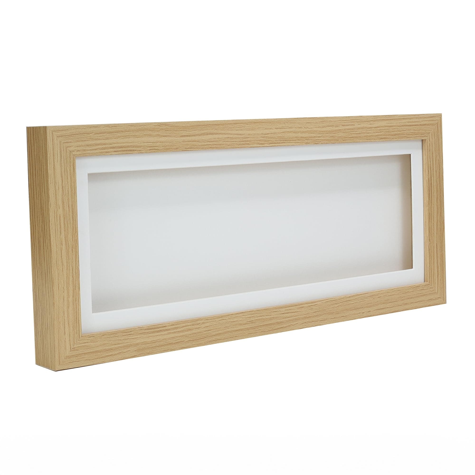 Oak Effect 3D 1" Cube Range Deep Box Shadow Frame Memory Box Display Case Medals Panoramic-18x7 inch-White Mount