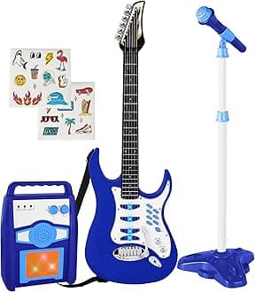 Toy Kids Guitar Play Set Bundle, Pretend Play Toddler Electric Guitar Kit with Interactive Microphone, Amp, Whammy Bar, 6 Demo Songs and 2 Sticker Sheets - Blue