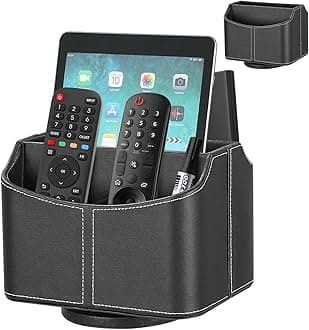 Remote Control Holder, TV Remote Holder, PU Leather | 360 Degree Rotatable | 5 Compartments,Desk Organizer for Glasses, Pens, Pencils, Scissors, Makeup Brush, Black