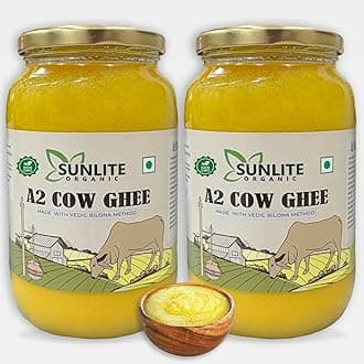 Sunlite Organic - A2 Desi Cow Ghee 1 Litre Glass Bottle (500ml x 2 Pack) I Non-GMO, Lab Tested Traditional Curd Churned Bilona Method Cow Ghee I Grass-Fed, Pure & Healthy Cultured Desi Ghee I Indian Origin A2 Ghee