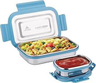 Attro Lunchmate Stainless Steel Lunch Box with 1 Small Container Airtight Spill-Proof BPA Free Food Grade Ideal for Office, School, Picnic, 800ml+180ml- Blue