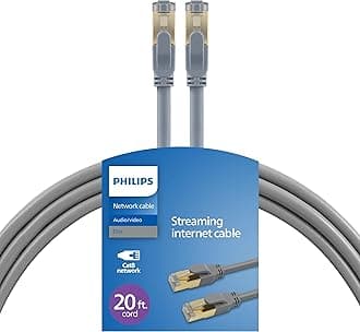 Philips Cat8 Ethernet Cable, Extra Long 20 Ft Cord, 40 Gbps, 2000Mhz, RJ45M Connector, S/FTP for Computer, Game Console, Cable/DSL Modem, Network Switch, Streaming Device, Gray, SWR3143GR/37