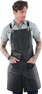 Under NY Sky Cross-Back Panther Black Apron – Coated Twill with Leather Reinforcement and Split-Leg – Adjustable for Men and Women – Pro Barber, Tattoo, Hair Stylist, Barista, Bartender, Server Aprons