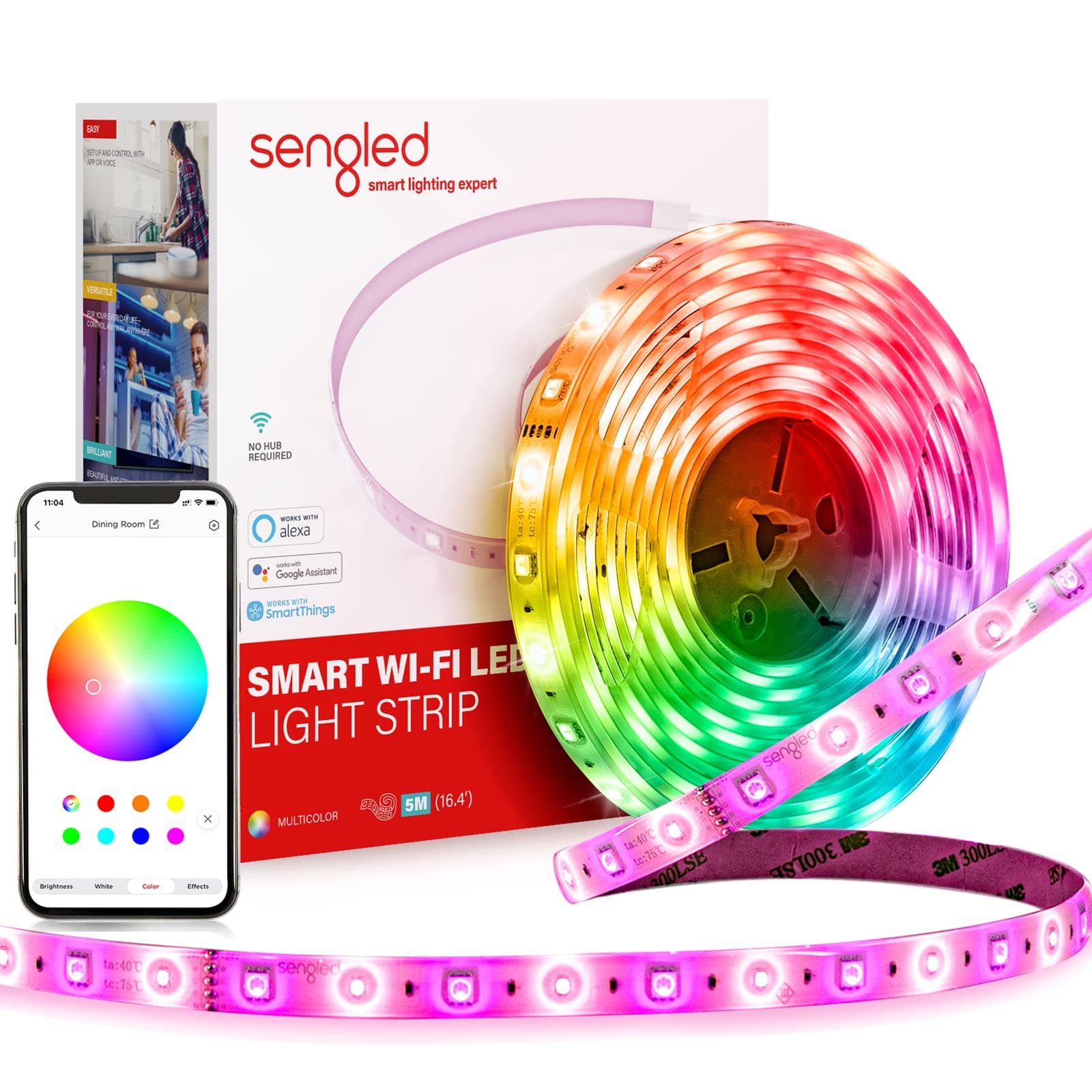 Smart Wi-Fi LED Multicolor Light Strip, 5M (16.4ft), No Hub Required, Works with Google Assistant, RGBW, High Brightness, 1800 Lumens, Adjustable Length, 25,000 Hours Life for Home