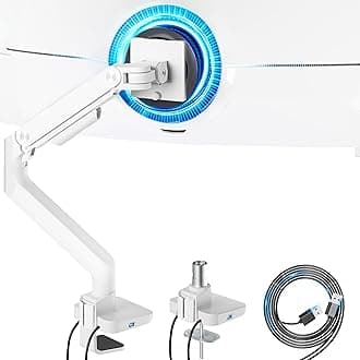 ARES WING Single Monitor Mount with USB A/C, Heavy Duty Monitor Arm for 17 to 49 inch Ultrawide Screen, Holds 44 lbs, Adjustable Gas Spring Arm Desk Mount with Clamp and Grommet Base, White