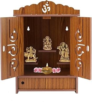 Wooden Door Temple with Drawer | Brown Color Wooden Puja Mandir | Wall Mount & Tabletop Temple for Home & Office | MDF Home Mandir – 43×19×28 CM