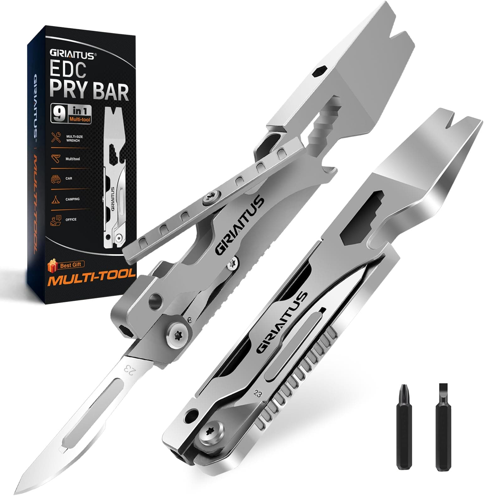 Multitool Pry Bar Wrench Tool with Flat/Phillips Screwdriver Folding Multi-tool Box Cutter Blade Knife, Bottle Opener, Steel Handle, Everyday Carry, Cycling, Camping EDC Pocket Gadget Gifts for Men