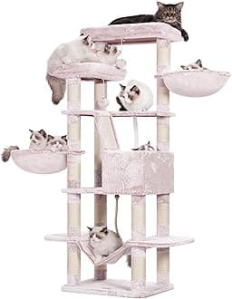 Heybly Cat Tree,68 inch Multi-Level Cat Tower for Indoor Cats,2 Widened Plush Perches Cat Condo with Scracthing Board and Big Caves,Muchroom HCT025MU