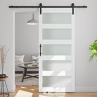 32" x 84" 5 Panel Glass Barn Door with 6ft Sliding Door Hardware Kit & Handle with Drilled Holes for Easy Assembly - Barn Door Slab and MDF Interior Covered with Waterproof PVC Surface, White