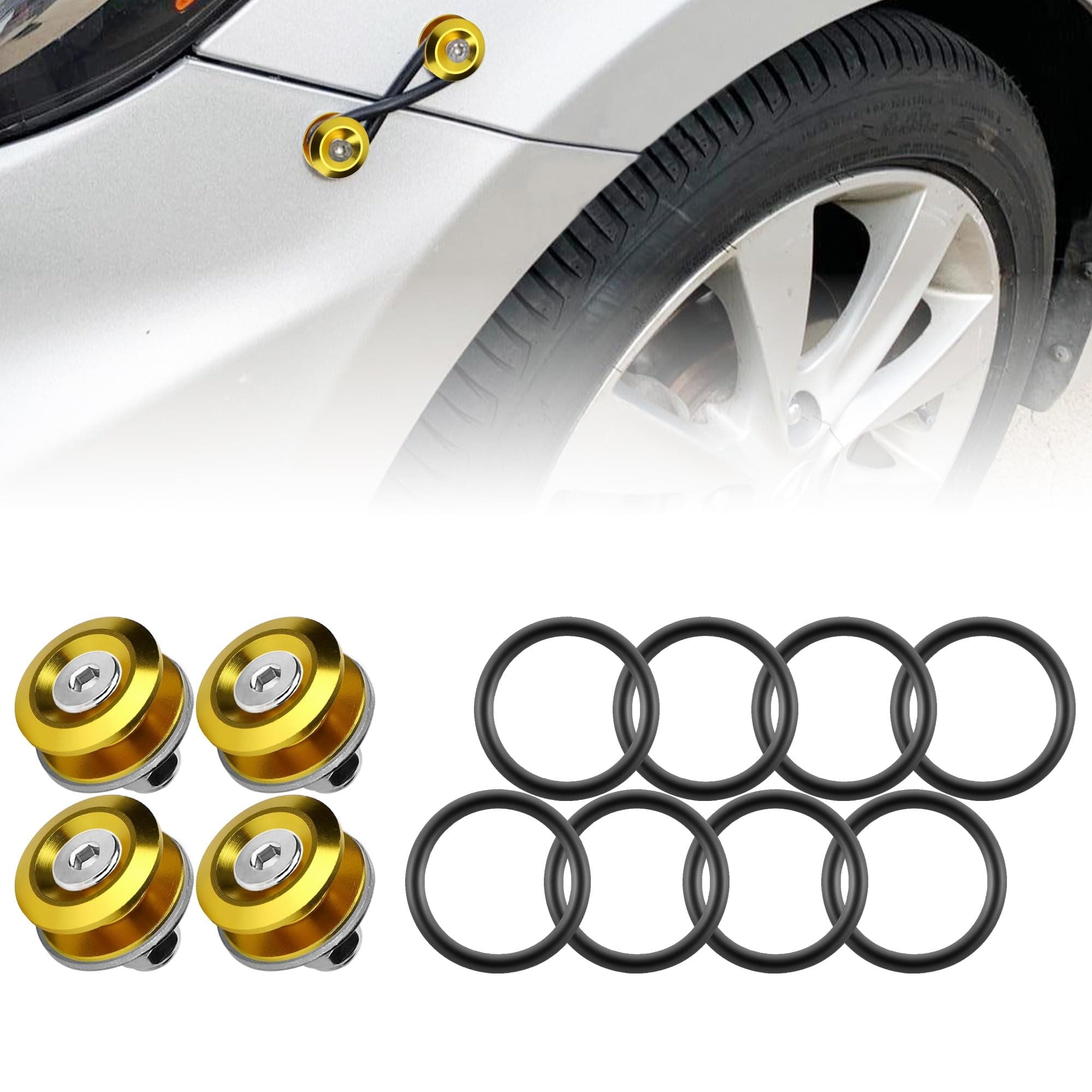 JDM Bumper Quick Release Front Rear Bumper Fasteners, 4 Piece (Gold), 8 x O-Ring