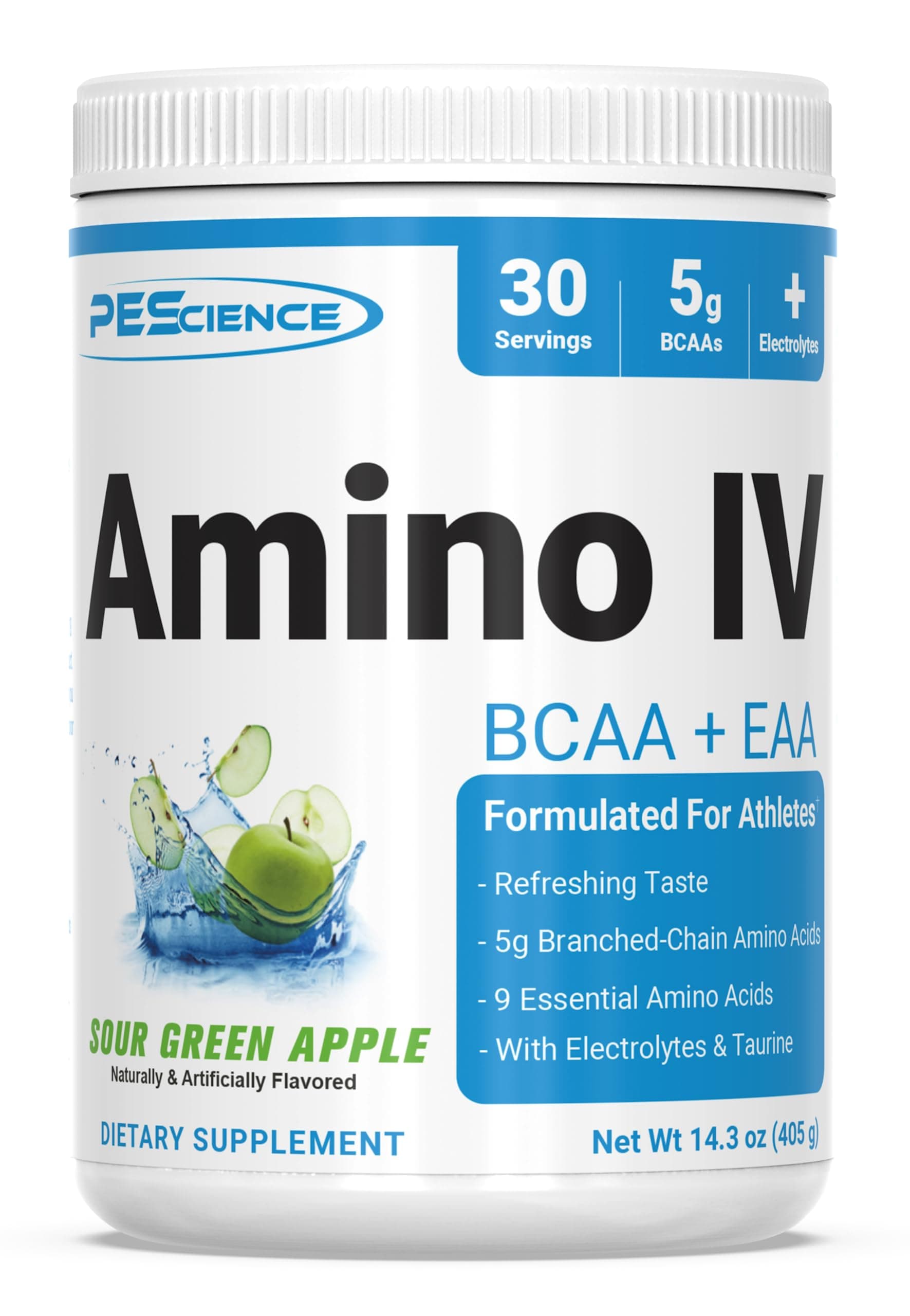 Amino IV BCAA & EAA Powder, Essential Amino Acids, Taurine, Electrolytes for Hydration and Muscle Recovery, Sugar Free for Men & Women, Post Workout - Sour Green Apple, 30 Servings