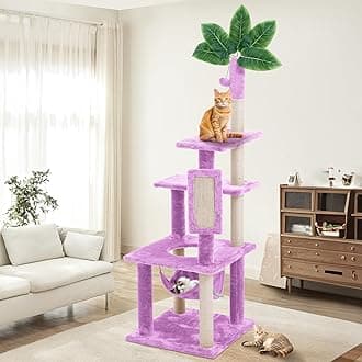 61" Large Cat Tree Tower for Indoor Cats with DIY Green Leaves Scratching Post Multi Soft Hang Ball Plush Cat House Furniture 360° Rotating Cat Scratch Board with Hammock, Purple
