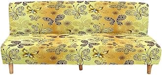 Mateju Armless Sofa Bed Cover, Butterfly Pattern Folding Sofa Bed without Armrests, Non Slip Stretch Futon Slipcover Protector for 2-3 Seater, Washable Couch Bed Slipcovers (Yellow,160-190cm)
