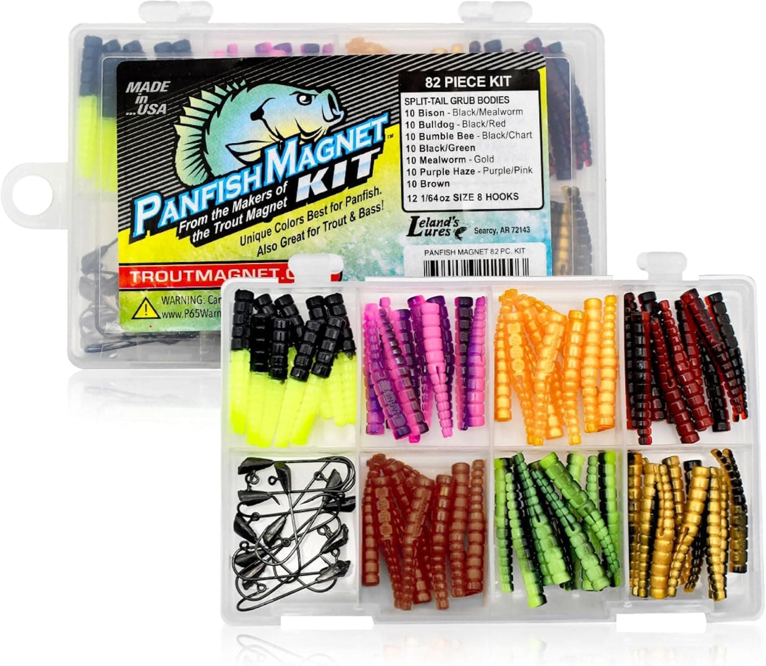 Trout Magnet Panfish Magnet Kit - 70 Split Tail Grub Bodies, 15 Black Size 8 Hooks