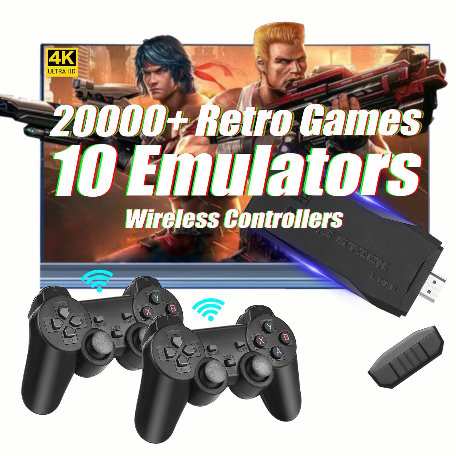 Wireless Retro Gaming Console, 64G Game Console with Built-in 20,000 Games, 10+ Emulators, Dual Wireless Controllers, Plug & Play Video Game Consoles, 4K HDMI Nostalgia Stick for TV