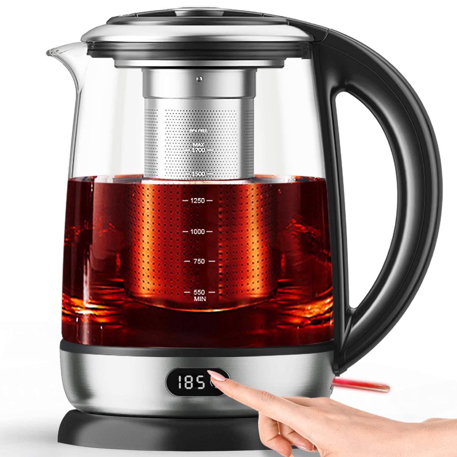 Electric Kettle 1.7L Glass Tea Kettle, Precision Tea Maker 6 Temperature Presets with LED Display, Food Grade Stainless Steel, Auto Shut Off, BPA Free