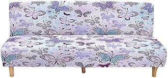 Mateju Armless Sofa Bed Cover, Butterfly Pattern Folding Sofa Bed without Armrests, Non Slip Stretch Futon Slipcover Protector for 2-3 Seater, Washable Couch Bed Slipcovers (Light purple,160-190cm)