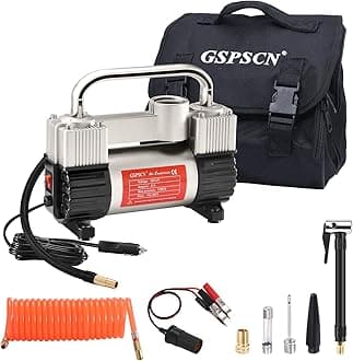 GSPSCN 6X Faster Inflation Tire Inflator Heavy Duty Double Cylinders with Portable Bag- Car Accessories，Metal 12V Air Compressor Pump 150PSI with Adapter for Car, Truck, SUV Tires, Dinghy, Air Bed